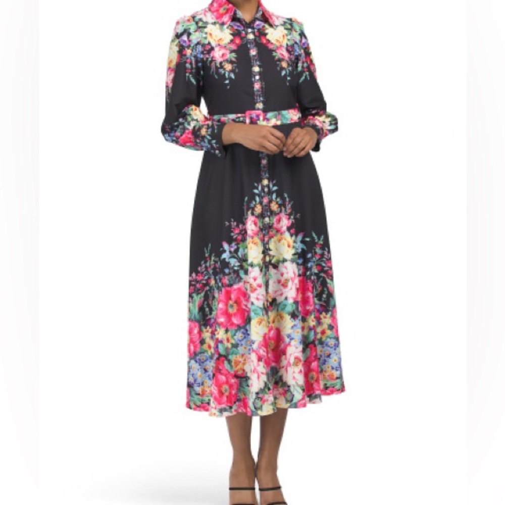 Dalia Macphee Long Sleeve Floral Shirt Maxi Dress with Belt